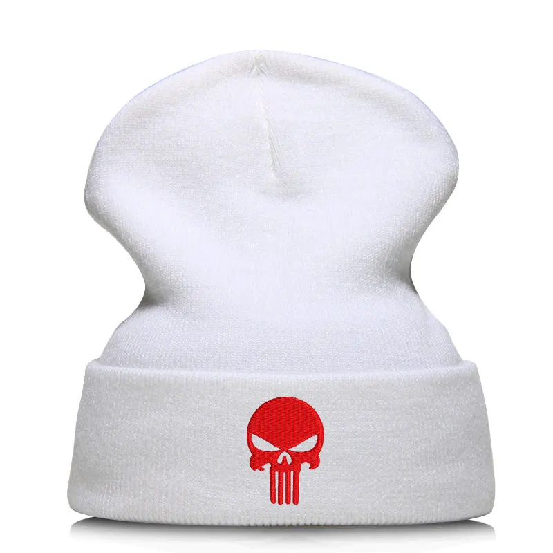 Beanie шляпа Skullie шапка, вязаная шапка-носок Зимняя Вышивка в стиле панк Для мужчин Для женщин для мальчиков и девочек подростков уличных танцев череп Skelton черный, белый, серый - Цвет: White RED