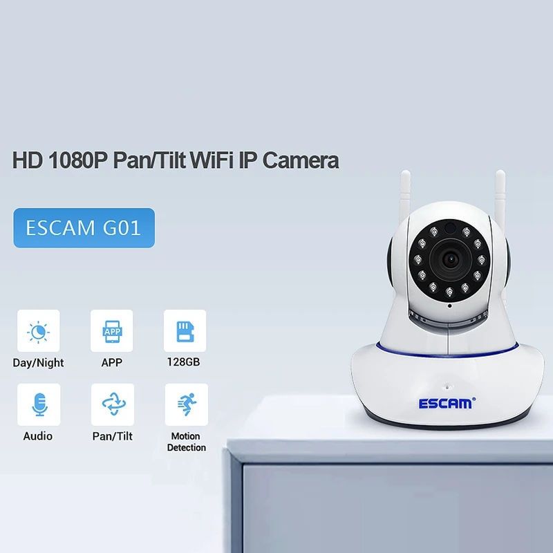

Escam G01 Surveillance Camera, 1080P Indoor Security Dual-Antenna Gimbal Monitoring Wifi Network Camera
