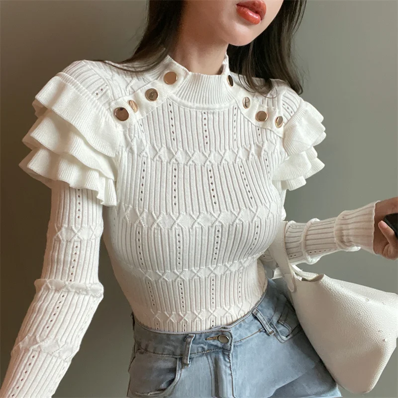 

Elegant Woman Half Turtleneck Sweaters Fall Winter Knitted Ruffles Long Sleeve Sweater Pulovers Hollow Out Tops YOU1196