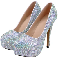 rhinestones sexy pumps party wedding women fetish shoes round toe sequined cloth 14cm thin high heels slip on bling waterproof