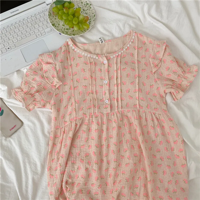 

2021 Summer Print Pink Long Sleepsdress Floral Pajamas Round Neck Women Casual Loose Sweet Homewear Cotton