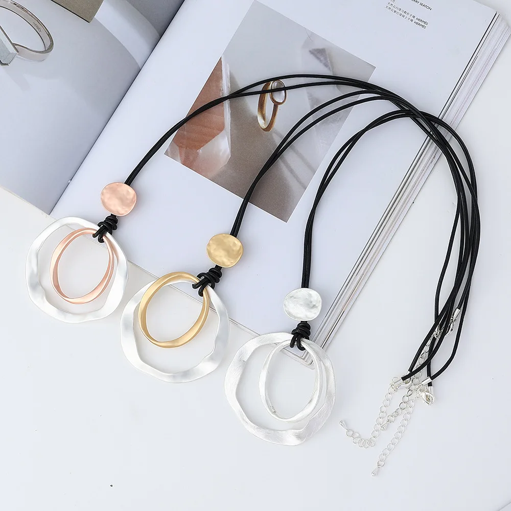 

Amorcome Bohemian Leather Rope Sweater Necklaces for Women Long Statement Geometric Metal Circle Pendant Chain Necklace Jewelry