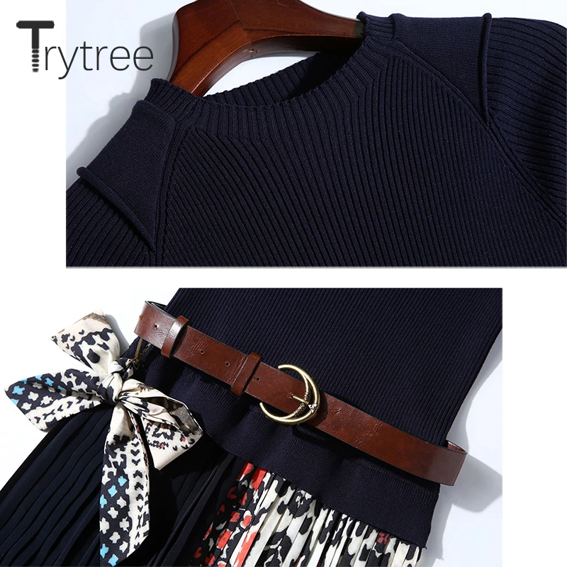 Осеннее женское Повседневное платье Trytree с круглым вырезом вязаное Модное