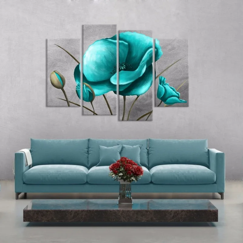 Картина на холсте с цветами для домашнего декора постер 4 шт. синие цветы мака