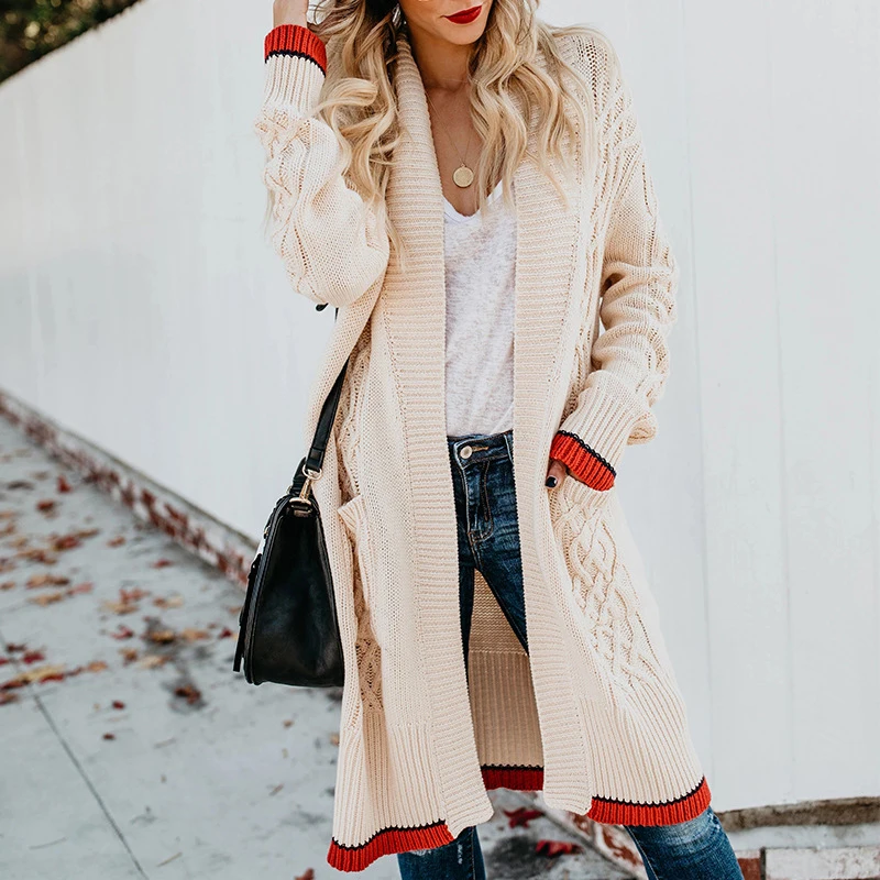 2019 осень зима новый свитер женский длинный кардиган клип цвет витой карман