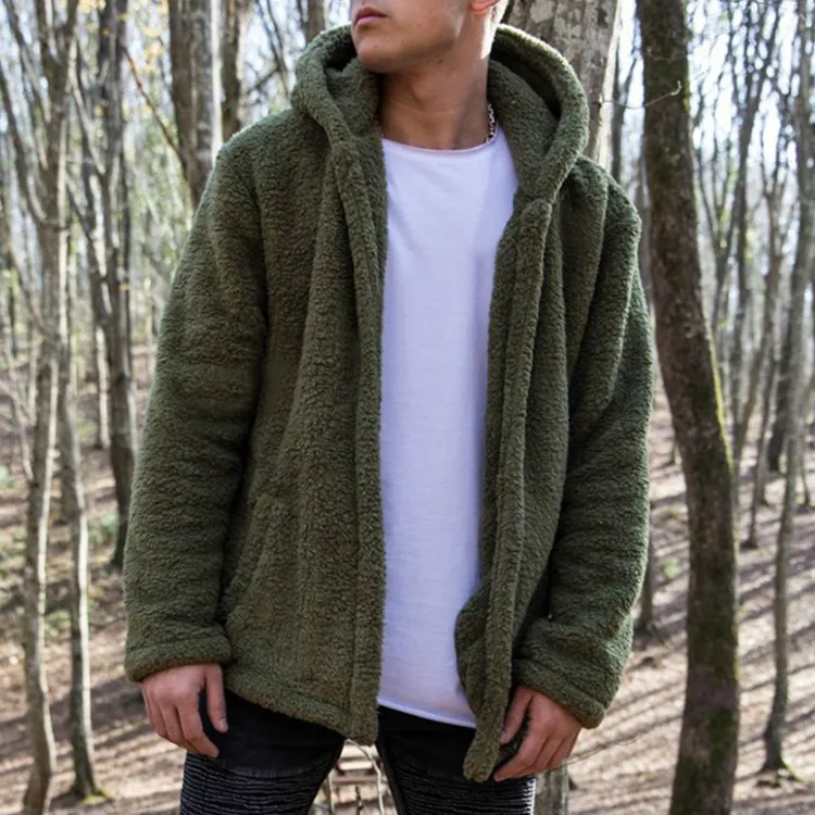 Autumn Winter Mens Warm Hooded Fluffy Fleece Jacket Long Sleeve Windbreaker Loose Parka Men Green Plush Coat Thick Plus Size 3xl | Мужская