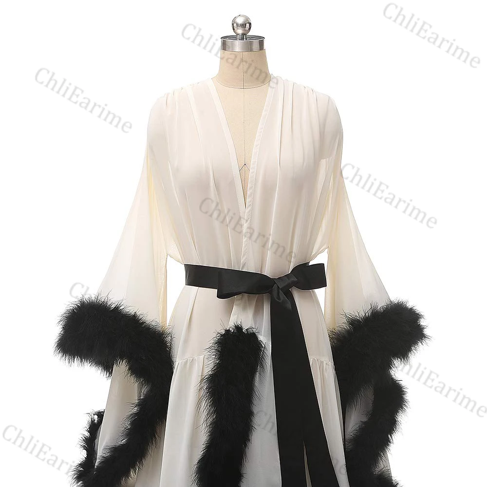Women's Sexy Feather Bridal Robe Short Chiffon Illusion Wedding Scarf Bathrobe Sleepwear Nightgown