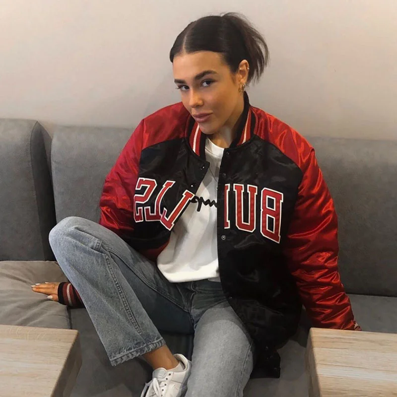 

casual Women's Clothing 2021 red Patchwork Bomber Jacket Oversized loose zipper American Baseball Jacket Parkas bomber jacket