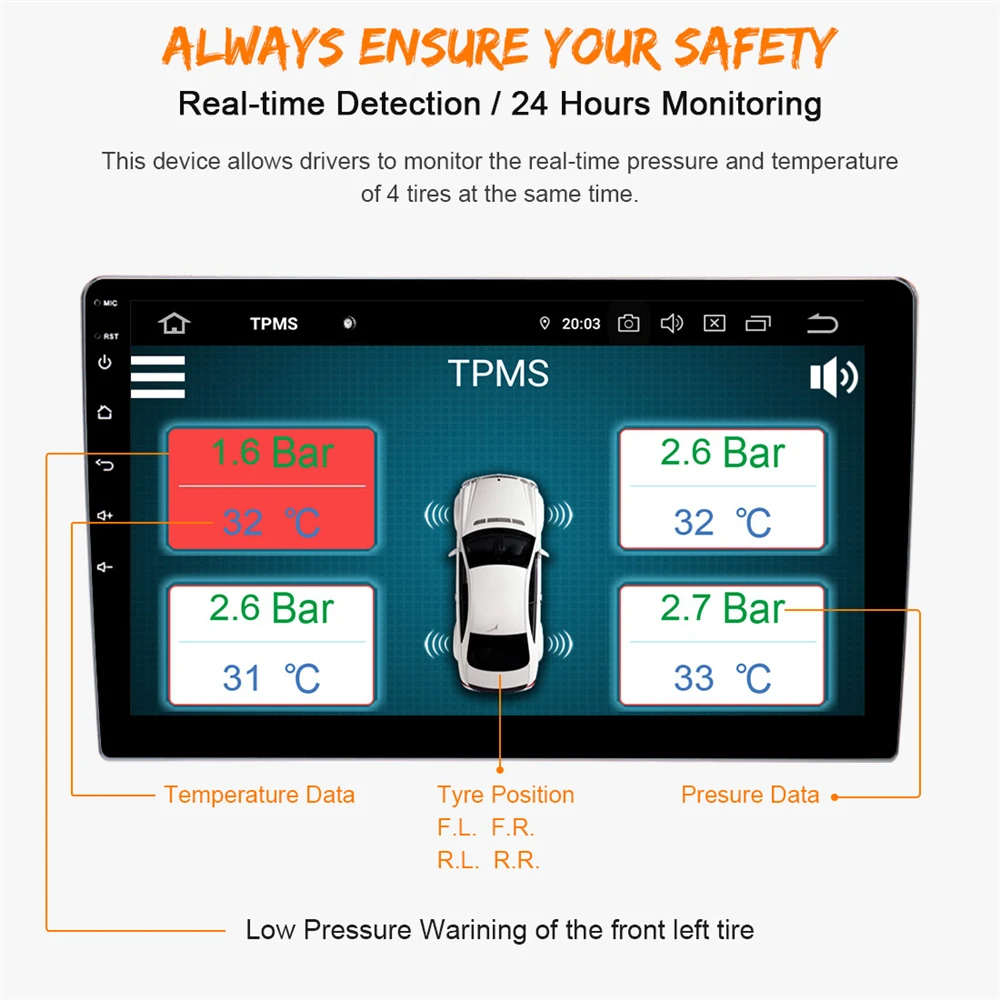 

ZWNAV Built-in and External TPMS Car Tire Pressure Monitoring System Car 4 External Sensor Alarm System Improve Fuel Efficiency