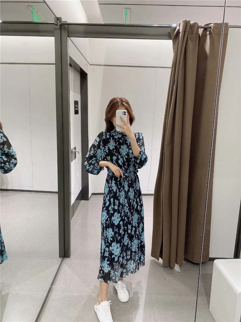 

TMODA1829 Za 2021 Women Vintage Flower Print Bow Sashes Pleated Midi Dress Femme Ruffles O Neck Vestido Chic Casual Slim Dresses