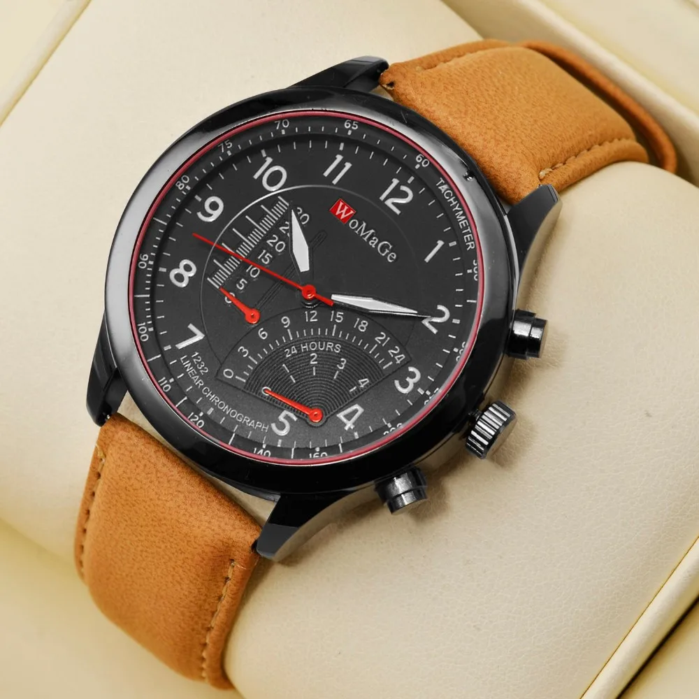 

Top Brand Men Quartz Watches WOMAGE Fashion Men Sport Watches Military Watch Men Stainless Watches Faux Leather Watches Bracelet
