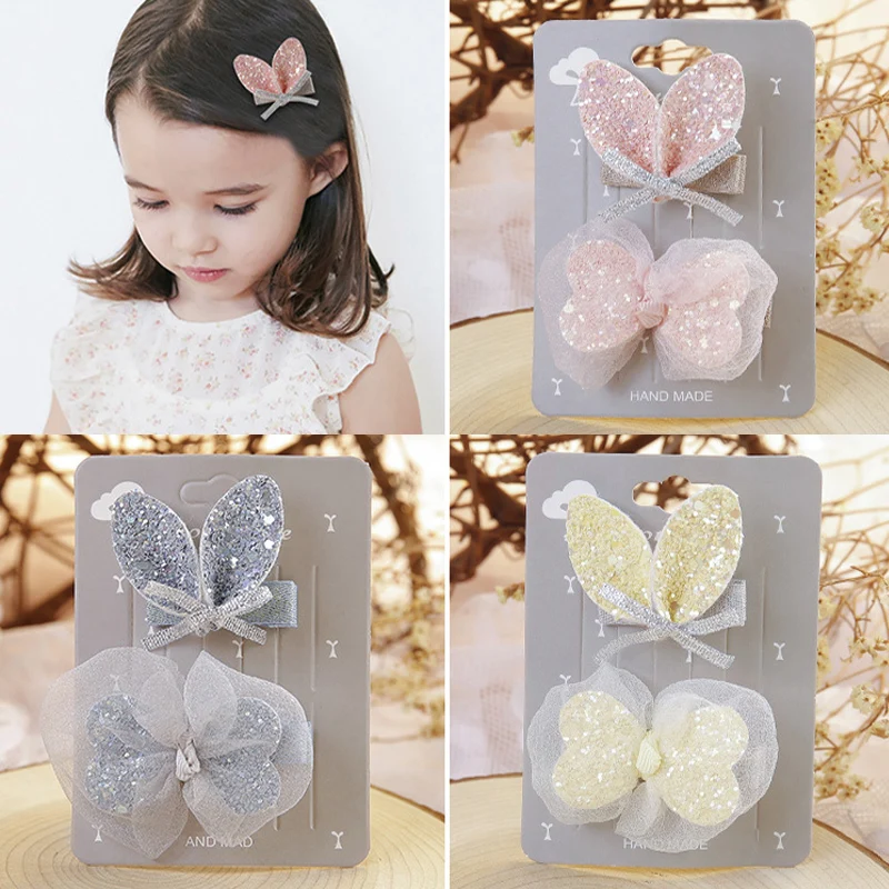 

2 Pcs/lot Children's Hair Accessories Butterfly Hairpin Shiny Bunny Ears Lace Hairpin Princess Decoration Girl Bracelet Clip