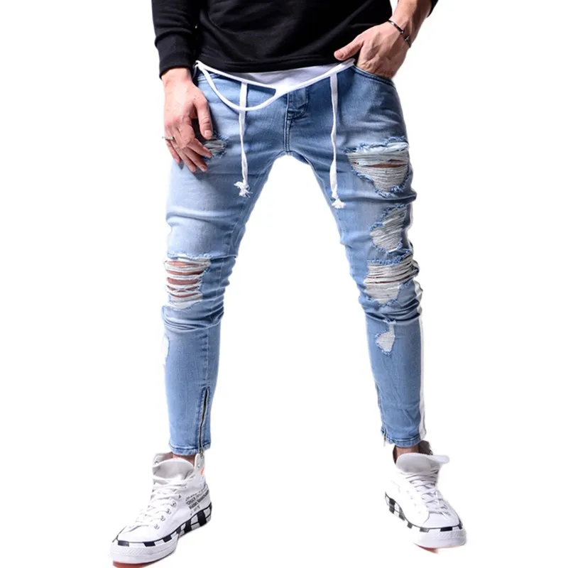 

Pop NWE Men's Skinny Straight Ripped Biker Destroyed Frayed Fit Denim Ripped Denim Pants Side Stripe Pencil Pants Hip Hop
