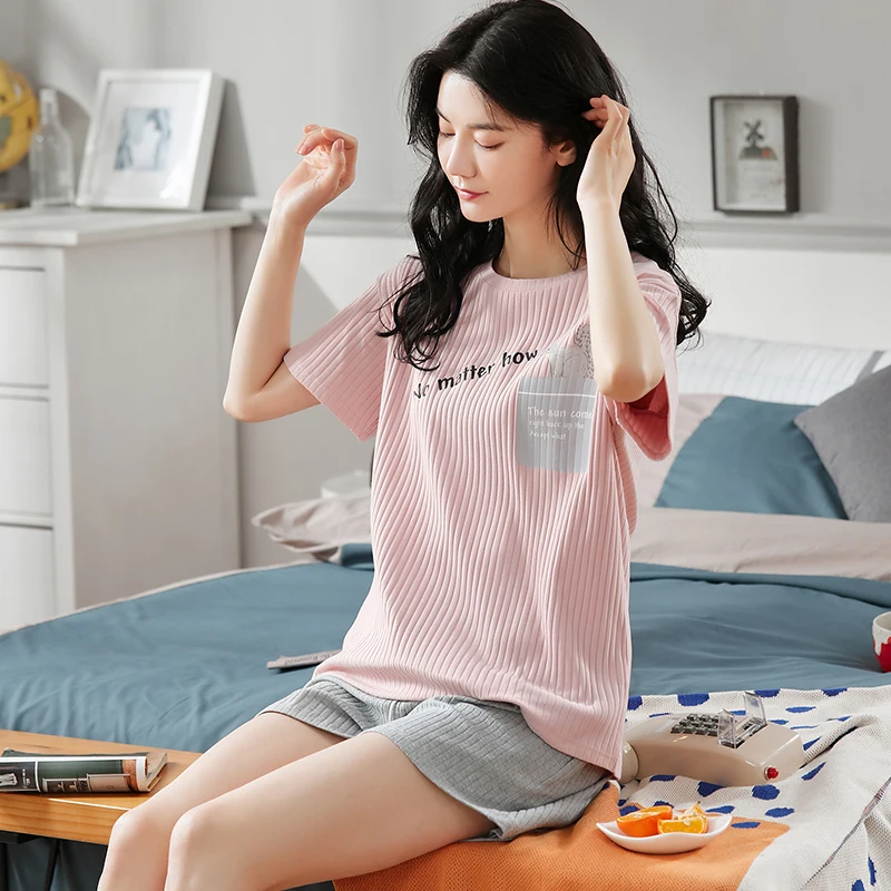 

Funny Cartoon Cotton Yellow Patchwork Cute Girls Sleepwear Plus Size Women Home Wear Leisure Short Sleeve Summer Pajamas Sets