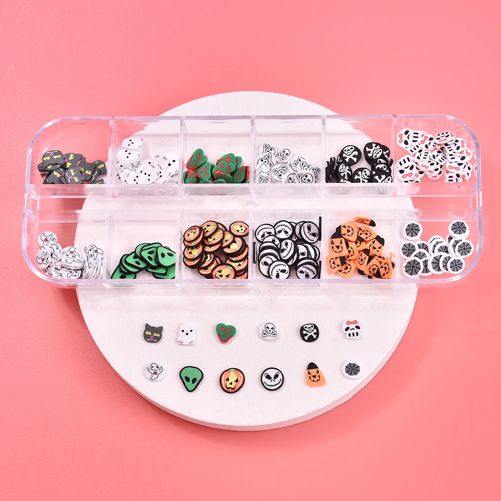 

2021 New 12 Grids Skull Head Bat Halloween Manicure Pumpkin Lantern Funny 3D Nail Art Design Phototherapy Nail Decoration