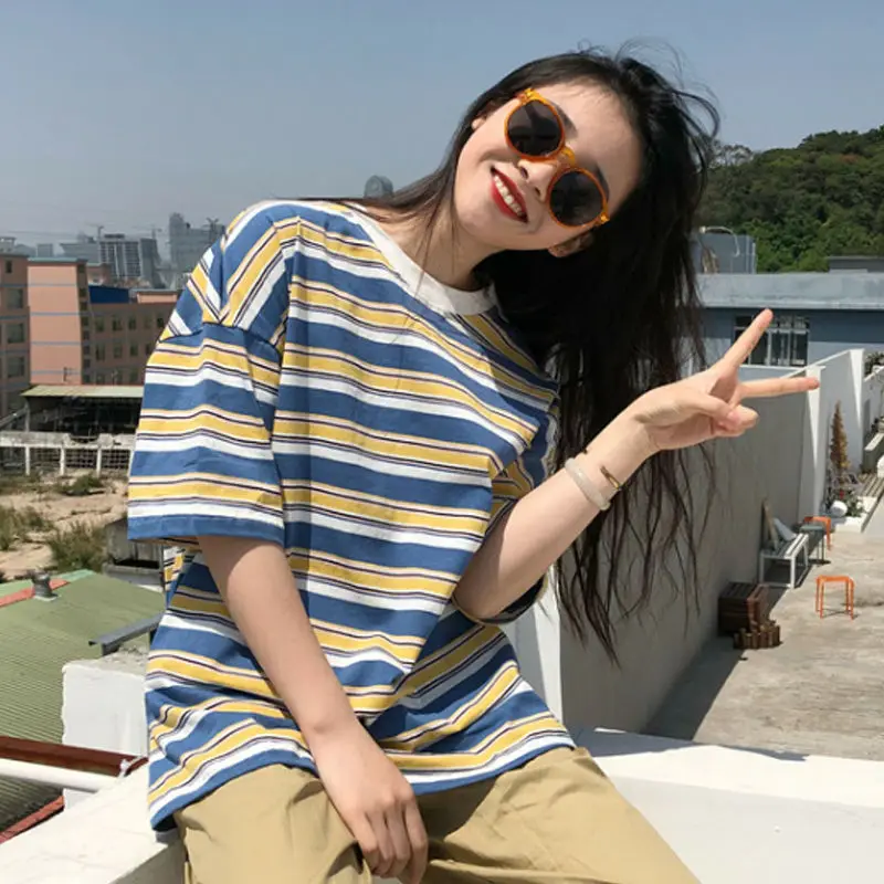 a Новинка, женская футболка, радужные полосатые топы, Harajuku, футболка,, летняя, короткий рукав, Корейская, панк, футболка, свободная, camiseta feminina - Цвет: a
