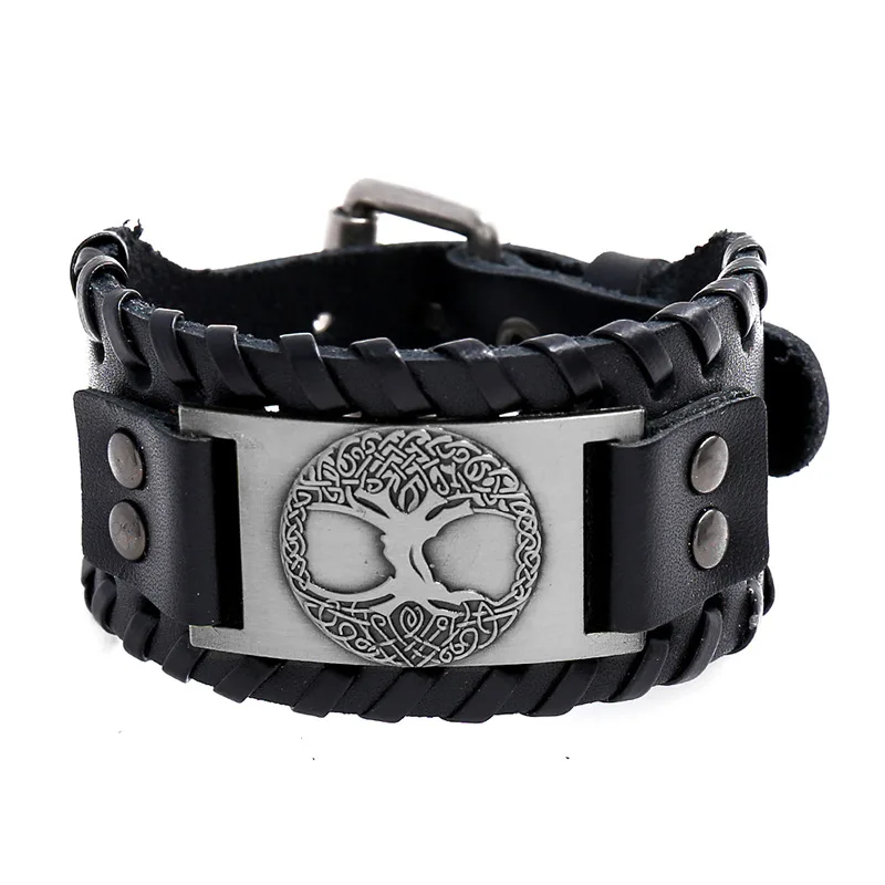 

New Accessories Viking Totem Lucky Tree Leather Bracelet Retro Woven Punk Men's Wide Leather Bracelet