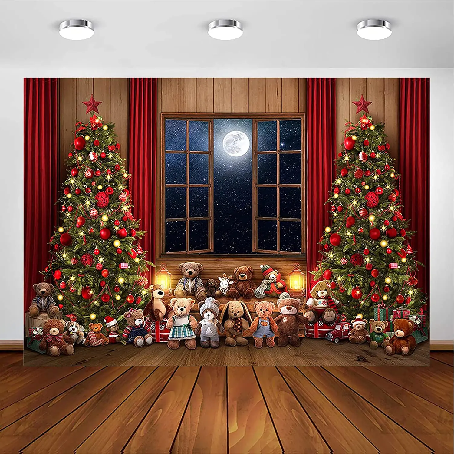 Фотофон зима Рождество деревянное окно полная луна ночь фотография декор для