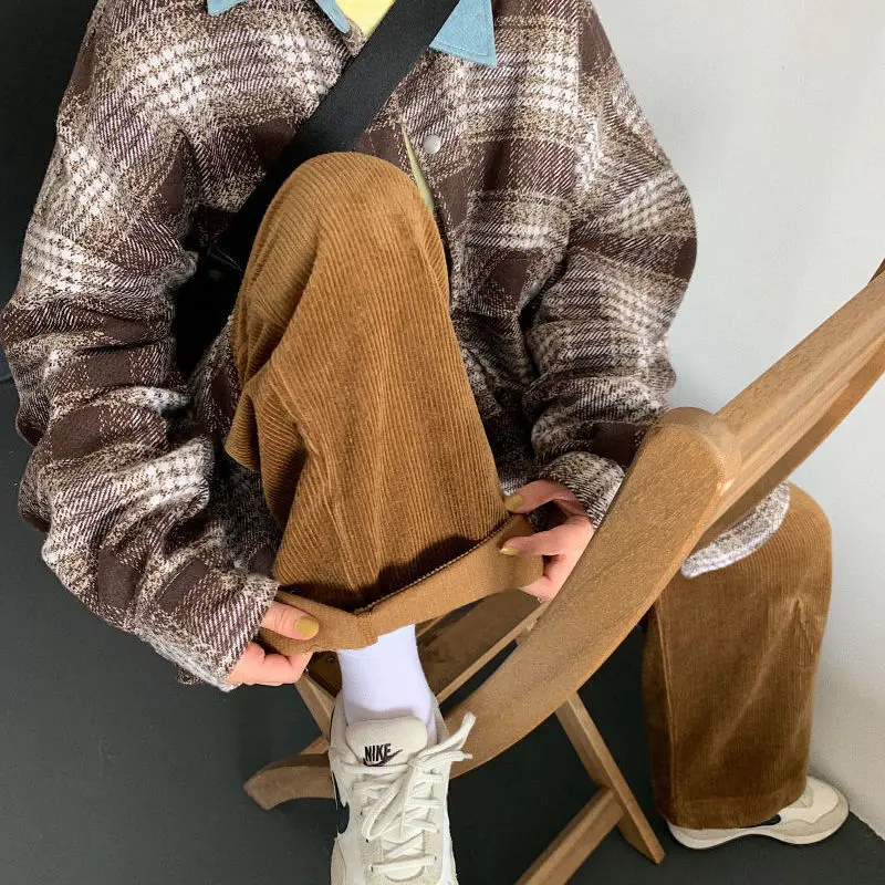 

Casual Pants Women Wide Leg Corduroy Chic Autumn Loose Solid Harajuku Fashion All-match Street Vintage Teens Ulzzang 5-color Ins