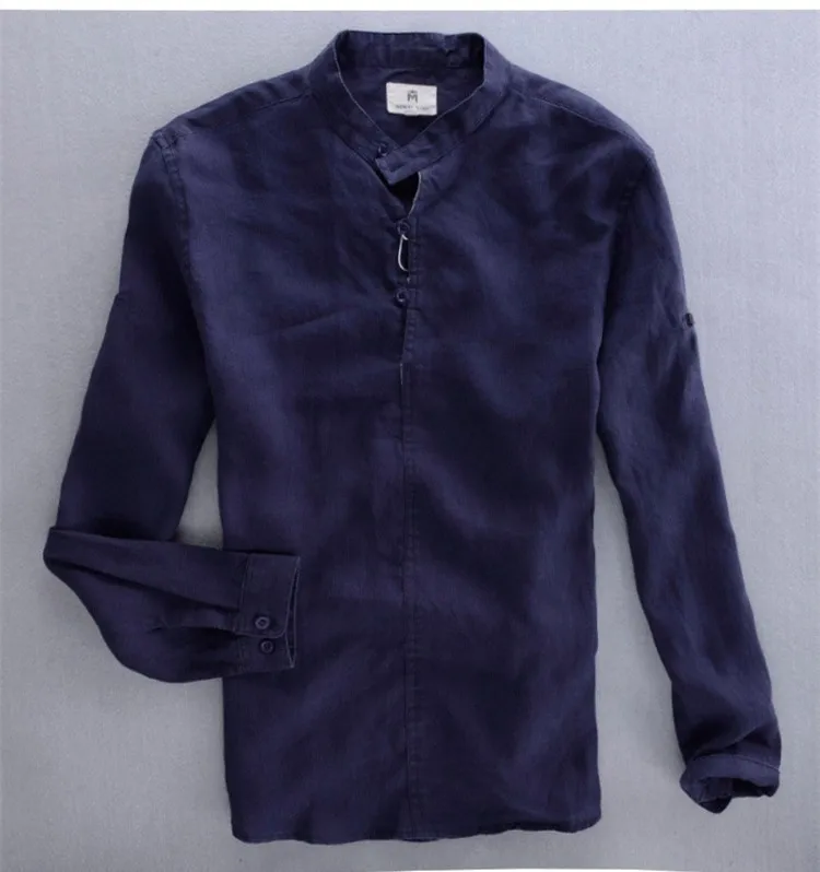 Белая Мужская льняная рубашка с длинными рукавами темно-небесно-голубого цвета