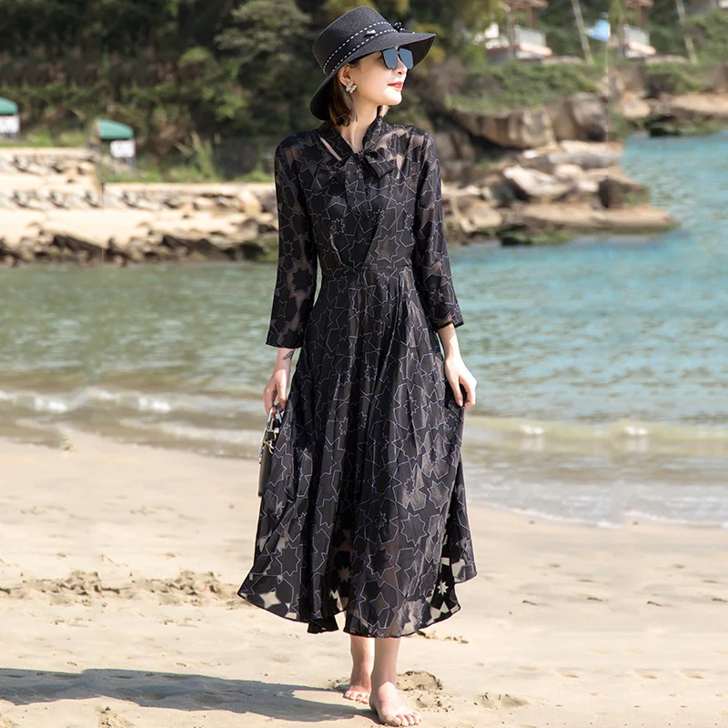 

Женское осеннее платье в стиле Хепберн, облегающее жаккардовое платье средней длины с V-образным вырезом, завязками и рукавами в семи точек, ...