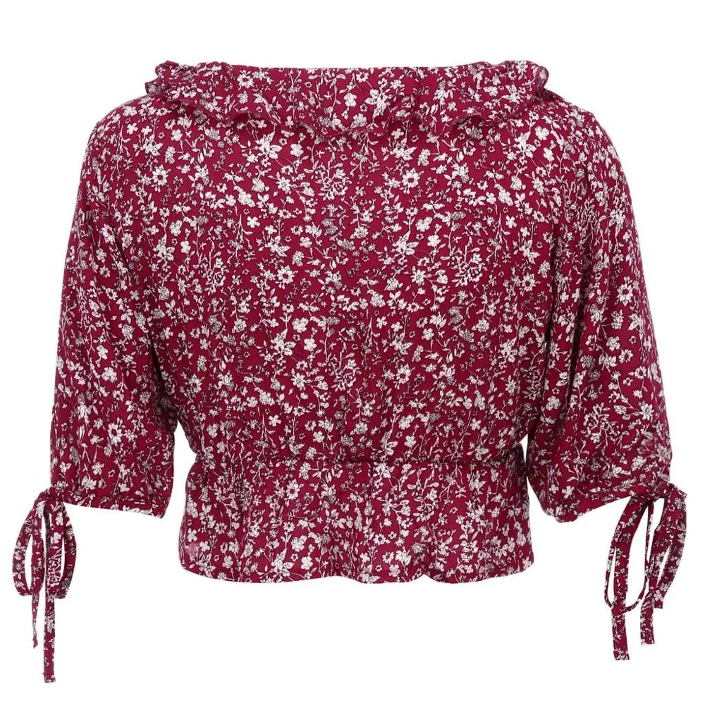 

2019 Blouses Fashion Womens V-Neck Ditsy Floral Print Ruffle Hem Knot Cuff Crop Blouse Casual Tops Plus Size Blusas BB3M