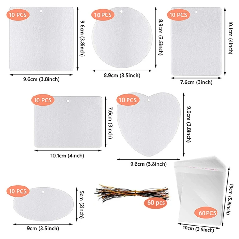 

60 Pieces Hanging Scented Sheets Set Car Home Decorations for Inks Heat Press DIY Creative Air Freshener Blanks 87HC