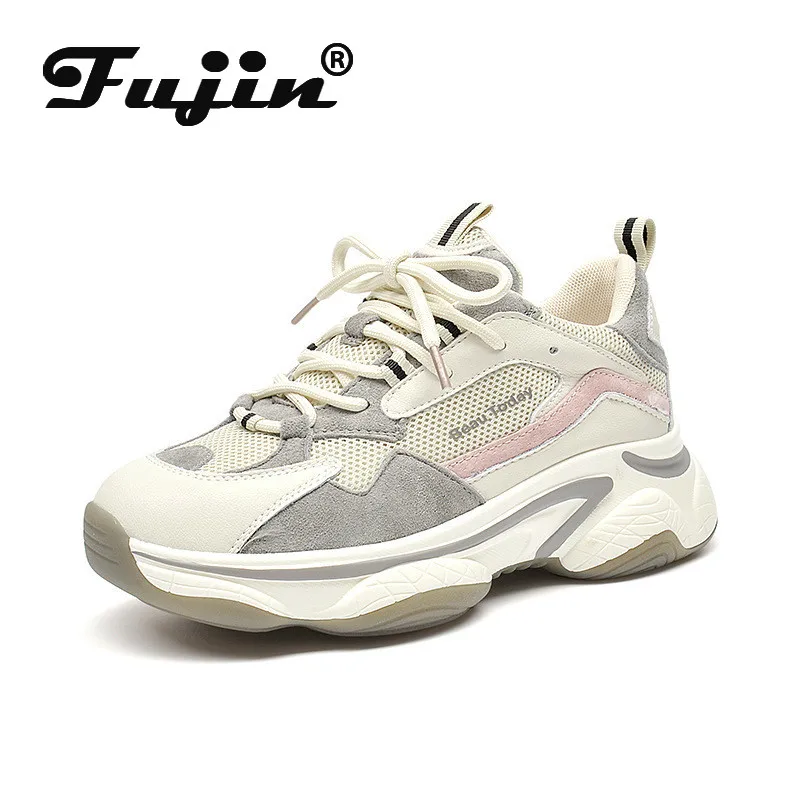 Женские кроссовки на толстой подошве Fujin модные из натуральной кожи платформе