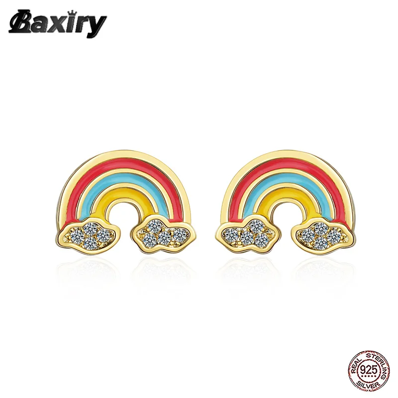 

New Fine Stud Earrings 925 Sterling Silver Luxury Huggie Earring Designer Cute Girl Crystal Rainbow For Women Fashion Jewelry