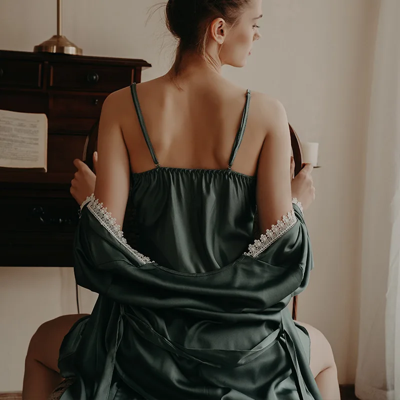 Комплект женский кружевной из 2 предметов зеленый халат-кимоно халат для невесты