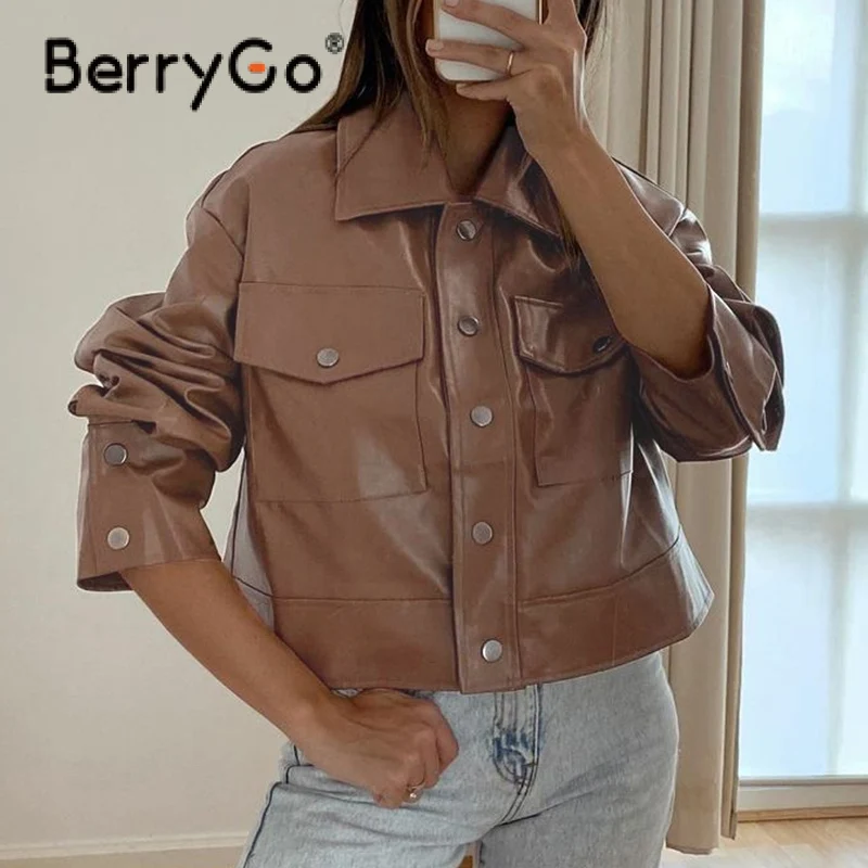 

Simplee Autumn winter office ladies solid leather coats Full regular sleeves female jackets Lapel collar skinny women jackets
