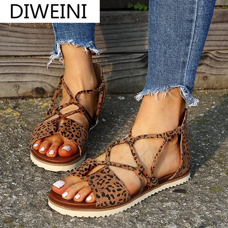 

2021 Summer Women Sandals Fashion Platform Sandals Retro Zipper Leopard Print Women Casual Flat Sandals Plus Size Zapatos Mujer