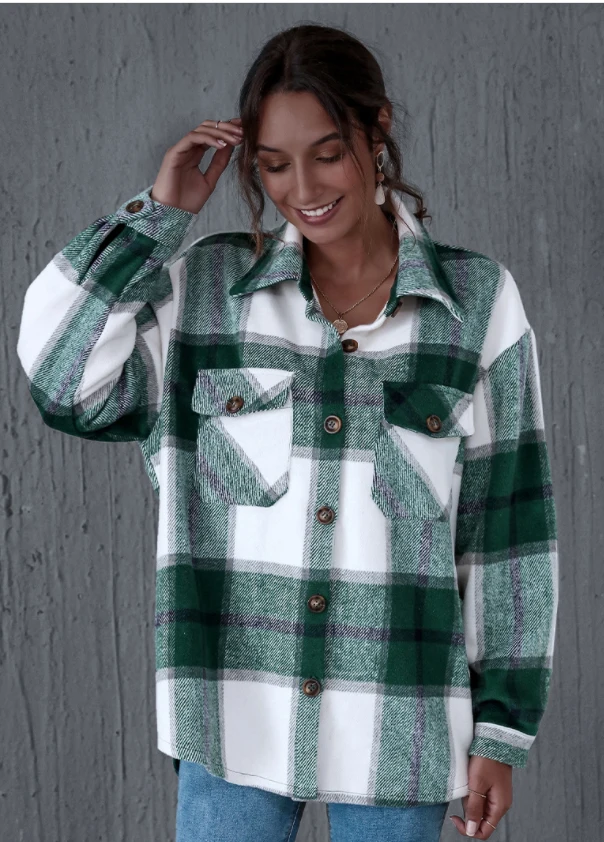 

2020 Autumn Casual plaid shirt women coats Buttons pockets female jackets coat Streetwear ladies spring Loose coats outerwear