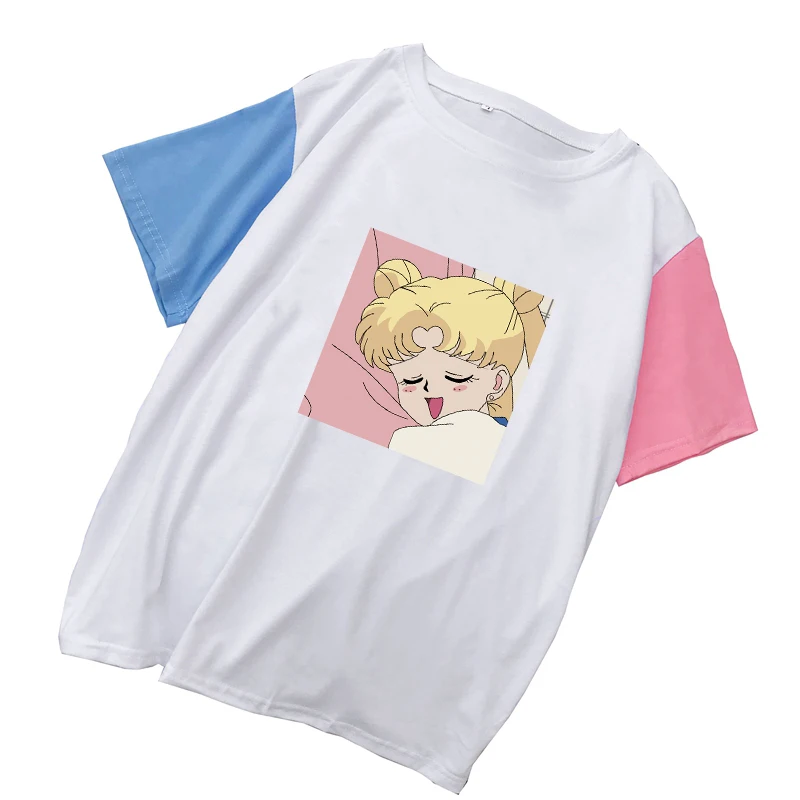 

Sailor Moon T Shirt Women Summer Short Sleeve Casual Harajuku Loose Contrast Color Splicing Kawaii Cartoon Print Tee Shirt Femme
