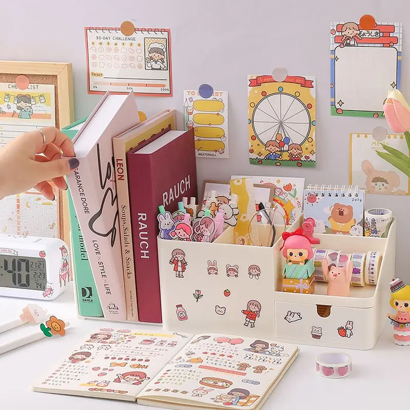 

ABS 2 in 1 Multifunctional Desktop Organizer Pen Holder Books Stand Holder Bookends Free Sticker School Stationery