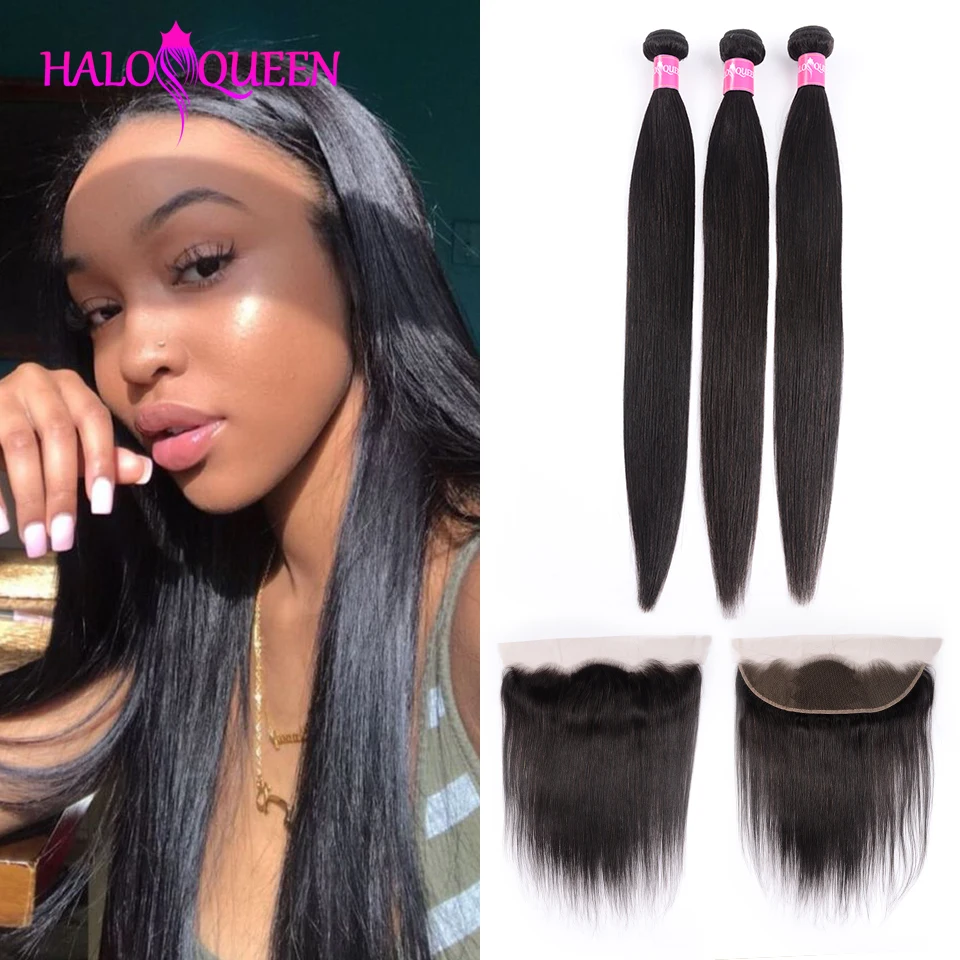 HALOQUEEN человеческие волосы 3 пряди с 13*4 фронтальные перуанские прямые закрытием