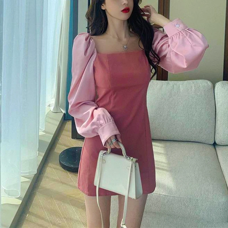 Корейское цельнокроеное платье для женщин французский розовый квадратный