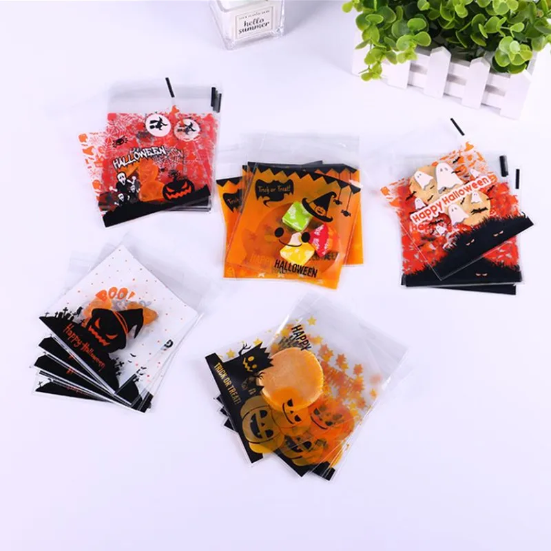 

100pcs Plastic Bags Halloween Candy Gift Cookie Bags Self-Adhesive Biscuits Baking Packaging Bag Halloween Party Decor Supplies
