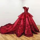 Темно-красные бальные платья Quinceanera, бальное платье с открытыми плечами и цветочной аппликацией, бальное платье для девочек, бальное платье для выпускного вечера