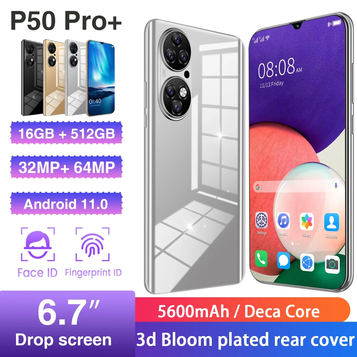 

P50 Pro+ 6.7 Inch Global Version Smartphone Full Screen 16GB+512GB Android 11.0 Support Google GPS Unlocked 4G 5G Mobilephone