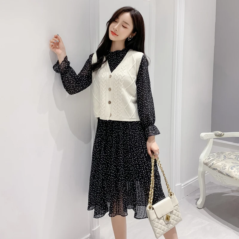 Шифоновое платье до середины икры с длинным рукавом Женские платья осень и зима