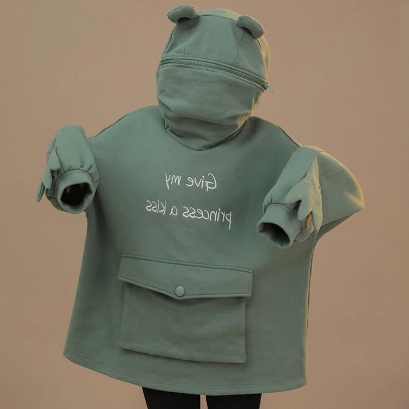 

Funny Mid-length Avocado Green Plus Velvet Sweatshirt Autumn Winter Women's Stitch Frog Hoodies Pull Top with Zipper