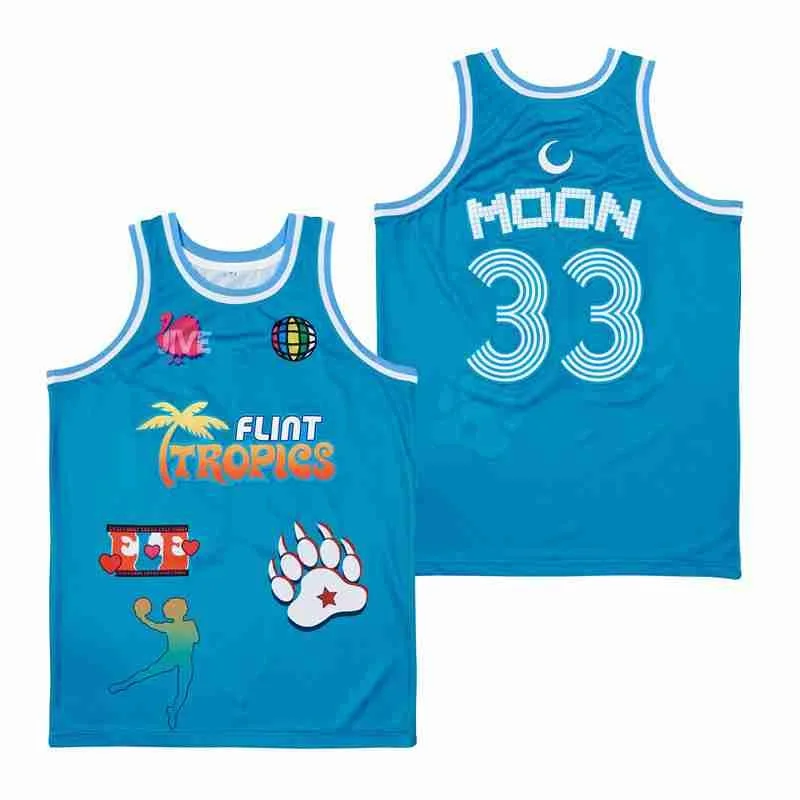 

BG FLINT TROPICS #33 MOON jersey Embroidery sewing Outdoor sportswear Hip-hop culture movie summer blue basketball jerseys