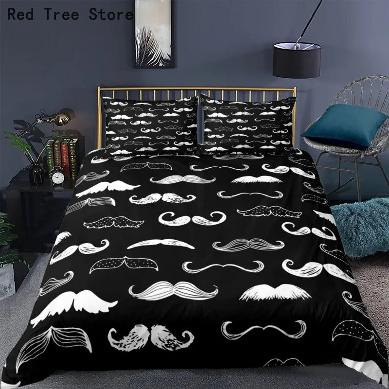 

Black Beard Cute Duvet Cover Set with Pillowcase Movember Moustache Printed Bedroom Supplies King Size Comforter 3d Bedding Sets