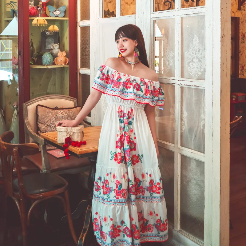 

Women Dress 2021 New Summer Bohemian Ethnic Style Retro Floral Printed Slash Neck Off-the-shoulder Holiday Long Dresses
