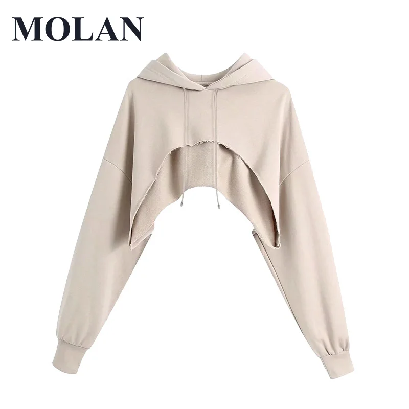 

MOLAN Sweatshirt Women Fashion Ribbed Trims Cropped Hoodie Vintage Long Sleeve Frayed Hem Female Hot Sale Pullovers Chic Tops