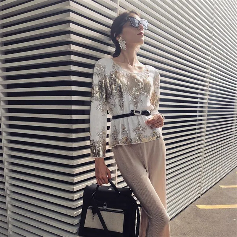 

Sidaimi Fashion Casual Long Sleeve O Neck Print Loose Bead Piece Nail Bead T-shirt Sequined Beaded blouse 8083