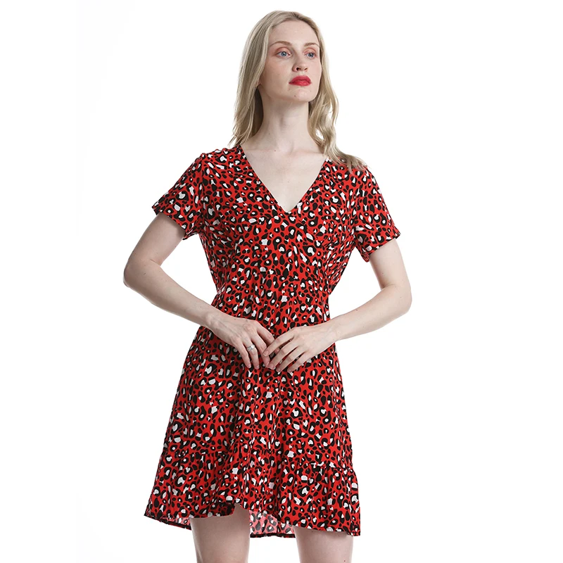 

New Summer Sexy Deep V Neck Leopard Ruffled Leopard Women Dress A Line Mini Short Sleeve High Waist Clothing