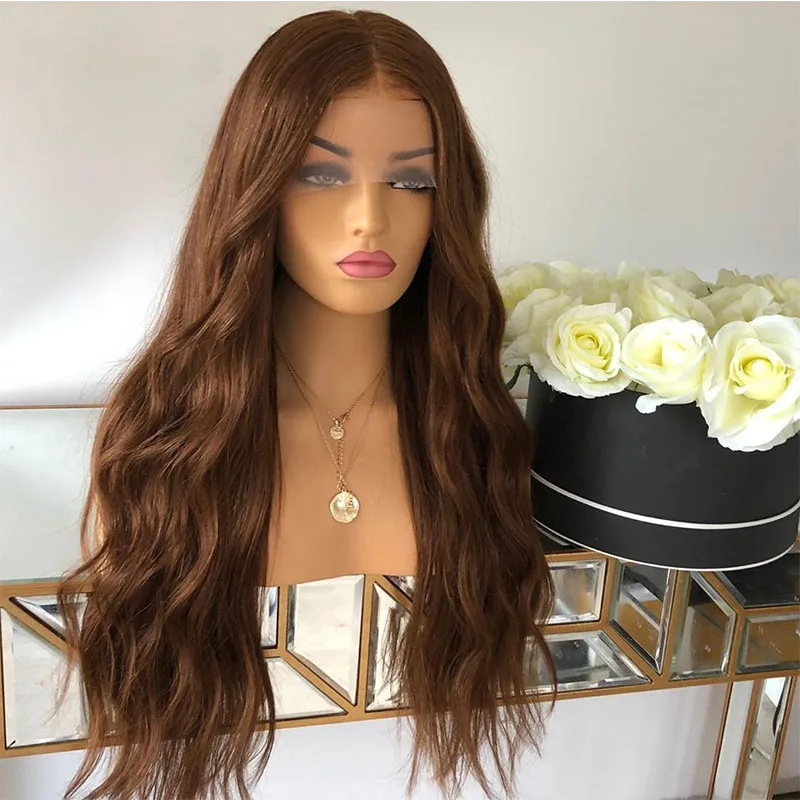 

Glueless 26 Inch Body Wave Auburn Brown Synthetic Lace Front Wig For Black Women With Babyhair Natural Hairline Cosplay Daily