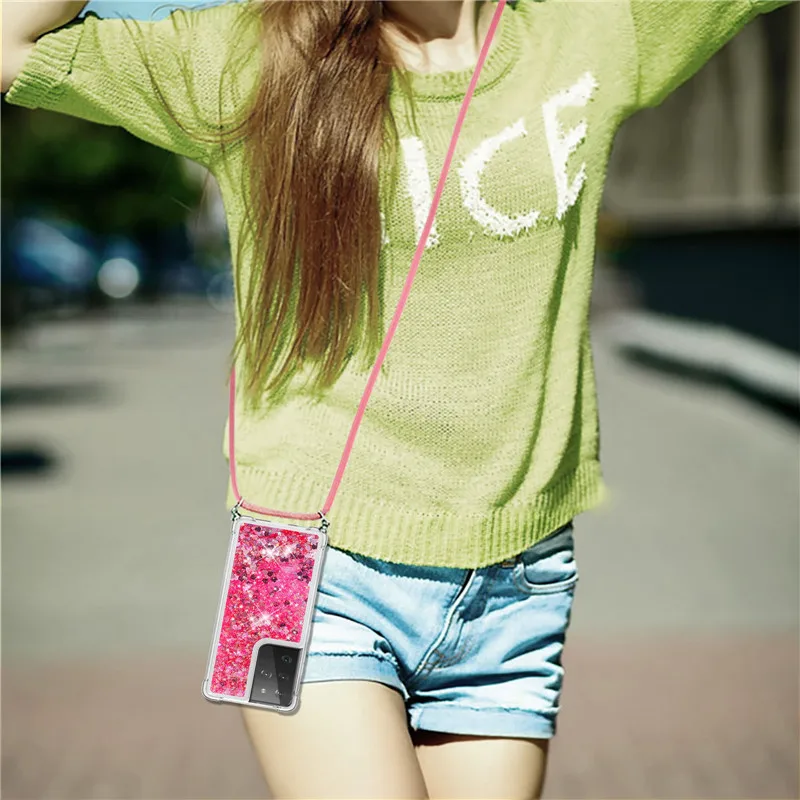 

Strap Lanyard Phone Case For Samsung Galaxy S21 Plus S21 Ultra 5G Cases Soft TPU Glitter Liquid Quicksand Back Cover Fundas Capa